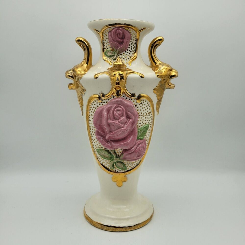 Vintage Porcelain Vase Roses & Gold Lion Details Ornate Cottagecore Grandmacore
